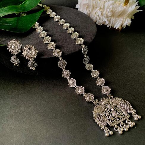 I Jewels Indian Festive Navratri Ethnic Silver Oxidised Long Necklace Jewellery With Earrings Set For Women in Saudi Arabia