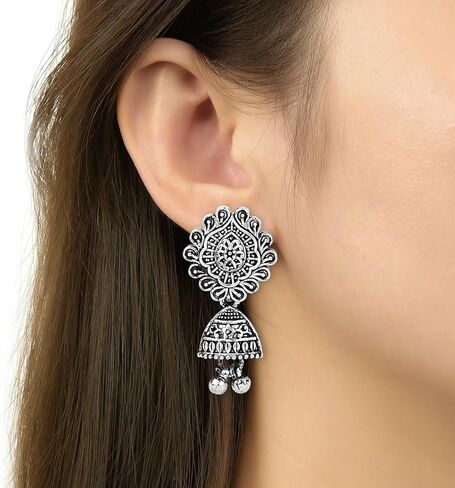 I Jewels Indian Festive Navratri Ethnic Silver Oxidised Long Necklace Jewellery With Earrings Set For Women in Saudi Arabia