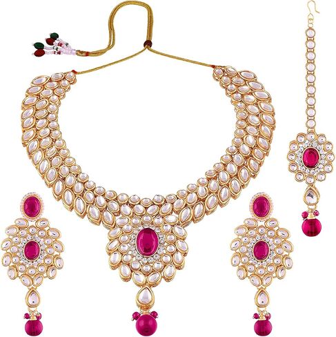 Aheli Fancy Bollywood Party Wear Necklace with Earrings Maang Tikka Set Indian Kundan Stone Studded Fashion Jewlery Gift for Women in Saudi Arabia