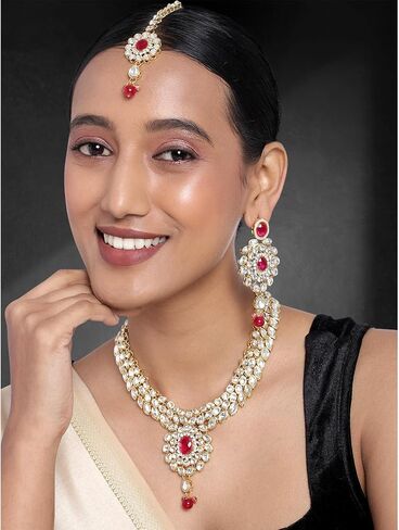 Aheli Fancy Bollywood Party Wear Necklace with Earrings Maang Tikka Set Indian Kundan Stone Studded Fashion Jewlery Gift for Women in Saudi Arabia