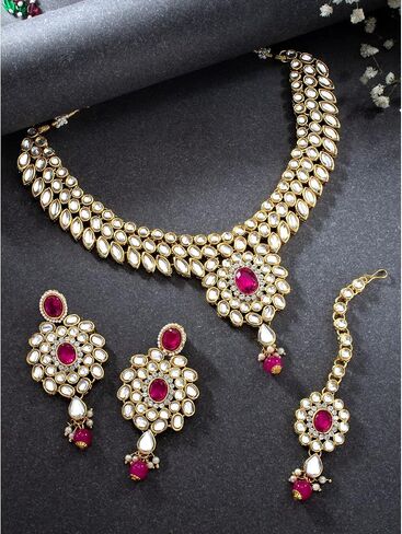 Aheli Fancy Bollywood Party Wear Necklace with Earrings Maang Tikka Set Indian Kundan Stone Studded Fashion Jewlery Gift for Women in Saudi Arabia