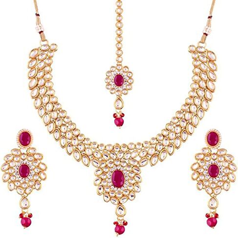 Aheli Fancy Bollywood Party Wear Necklace with Earrings Maang Tikka Set Indian Kundan Stone Studded Fashion Jewlery Gift for Women in Saudi Arabia
