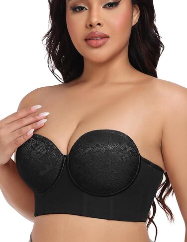 FallSweet Longline Strapless Bra for Large Bust C-DD, Anti-Slip Back Smoothing Convertible Lace Corset for Wedding Party in Kuwait