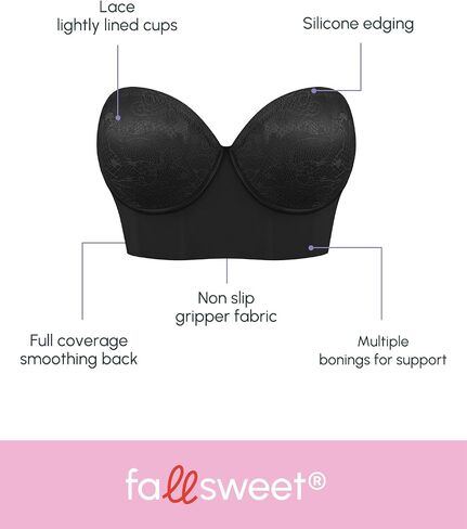 FallSweet Longline Strapless Bra for Large Bust C-DD, Anti-Slip Back Smoothing Convertible Lace Corset for Wedding Party in Kuwait