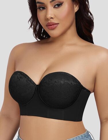 FallSweet Longline Strapless Bra for Large Bust C-DD, Anti-Slip Back Smoothing Convertible Lace Corset for Wedding Party in Kuwait