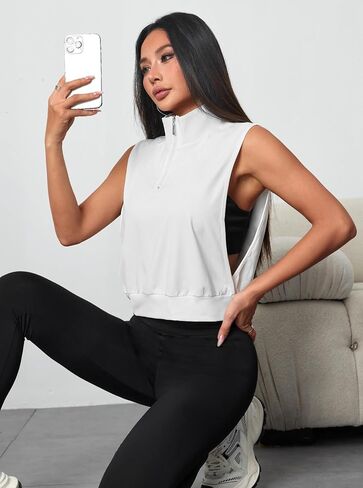 قمصان علوية نسائية من Remidoo بنصف سحاب مقصوصة بدون أكمام وياقة، ملابس رياضية مفتوحة من الجانب in Kuwait