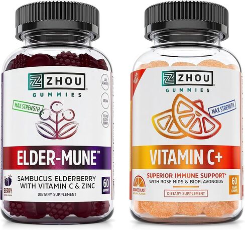 ZHOU Immune Support Bundle - Elder-Mune Elderberry & Vitamin C Gummies for Adults & Kids, Daily Natural Immune Support Supplements for Women & Men - 60 Elderberry & 60 Vitamin C Gummies in Kuwait