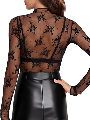 Buauty Womens Lace Long Sleeve Tops Mesh Top Sheer Blouse Sexy See Through Shirt Floral Layering Blouses in Saudi Arabia