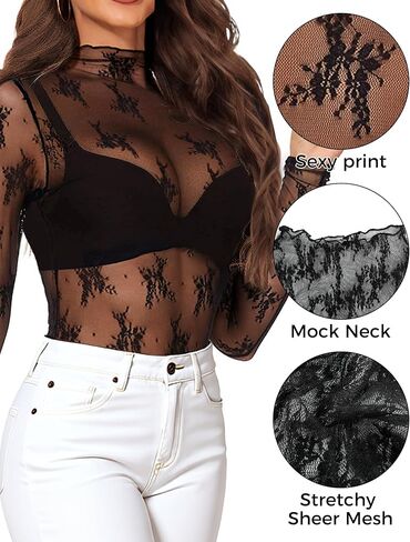 Buauty Womens Lace Long Sleeve Tops Mesh Top Sheer Blouse Sexy See Through Shirt Floral Layering Blouses in Saudi Arabia