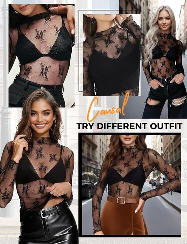 Buauty Womens Lace Long Sleeve Tops Mesh Top Sheer Blouse Sexy See Through Shirt Floral Layering Blouses in Saudi Arabia