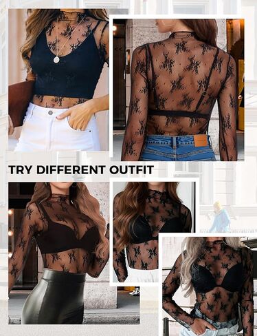 Buauty Womens Lace Long Sleeve Tops Mesh Top Sheer Blouse Sexy See Through Shirt Floral Layering Blouses in Saudi Arabia
