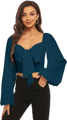 LYANER Women's Tie Knot Front Shirred Back Lantern Long Sleeve Crop Blouse Tee Top in Saudi Arabia