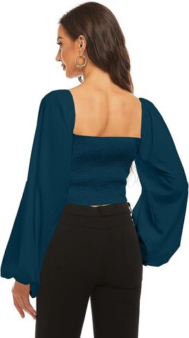 LYANER Women's Tie Knot Front Shirred Back Lantern Long Sleeve Crop Blouse Tee Top in Saudi Arabia
