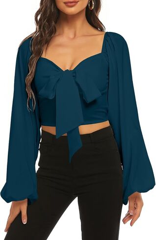 LYANER Women's Tie Knot Front Shirred Back Lantern Long Sleeve Crop Blouse Tee Top in Saudi Arabia