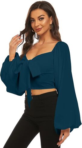 LYANER Women's Tie Knot Front Shirred Back Lantern Long Sleeve Crop Blouse Tee Top in Saudi Arabia