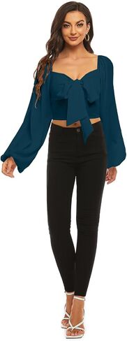 LYANER Women's Tie Knot Front Shirred Back Lantern Long Sleeve Crop Blouse Tee Top in Saudi Arabia