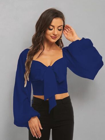 LYANER Women's Tie Knot Front Shirred Back Lantern Long Sleeve Crop Blouse Tee Top in Saudi Arabia