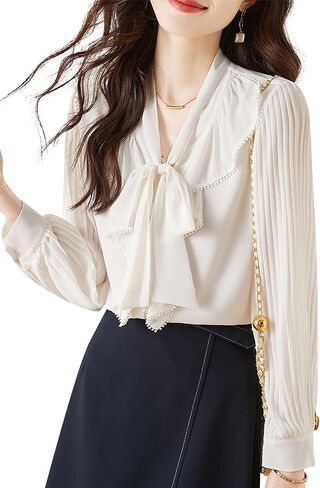 LAI MENG FIVE CATS Women's Ruffle Elegant Shirt Casual Tie Neck Long Sleeve Loose Blouse Top in Saudi Arabia