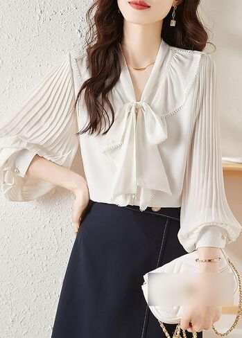 LAI MENG FIVE CATS Women's Ruffle Elegant Shirt Casual Tie Neck Long Sleeve Loose Blouse Top in Saudi Arabia