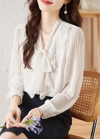 LAI MENG FIVE CATS Women's Ruffle Elegant Shirt Casual Tie Neck Long Sleeve Loose Blouse Top in Saudi Arabia