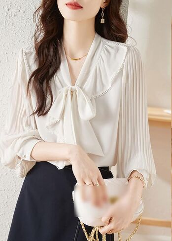 LAI MENG FIVE CATS Women's Ruffle Elegant Shirt Casual Tie Neck Long Sleeve Loose Blouse Top in Saudi Arabia