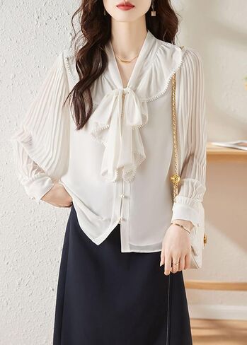 LAI MENG FIVE CATS Women's Ruffle Elegant Shirt Casual Tie Neck Long Sleeve Loose Blouse Top in Saudi Arabia