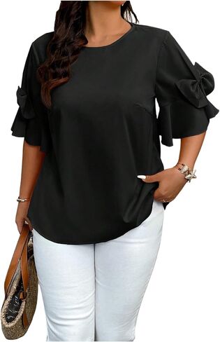 Floerns Women's Plus Size Bowknot Ruffle Half Sleeve Blouse Crew Neck Elegant Shirts in Saudi Arabia
