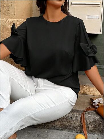 Floerns Women's Plus Size Bowknot Ruffle Half Sleeve Blouse Crew Neck Elegant Shirts in Saudi Arabia