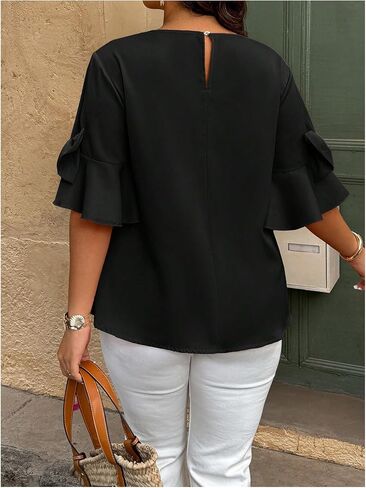 Floerns Women's Plus Size Bowknot Ruffle Half Sleeve Blouse Crew Neck Elegant Shirts in Saudi Arabia
