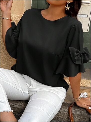 Floerns Women's Plus Size Bowknot Ruffle Half Sleeve Blouse Crew Neck Elegant Shirts in Saudi Arabia