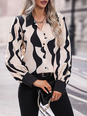 Elegant Abstract Print Blouse for Women - Soft Satin Material, Stylish Long Sleeve Top, Perfect for Office and Casual Wear in Saudi Arabia