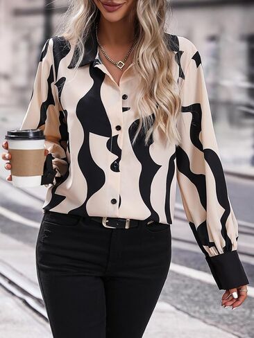 Elegant Abstract Print Blouse for Women - Soft Satin Material, Stylish Long Sleeve Top, Perfect for Office and Casual Wear in Saudi Arabia