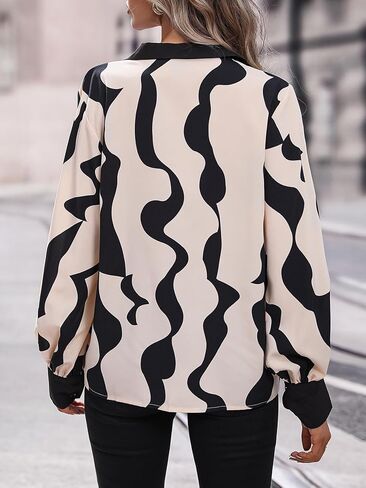 Elegant Abstract Print Blouse for Women - Soft Satin Material, Stylish Long Sleeve Top, Perfect for Office and Casual Wear in Saudi Arabia