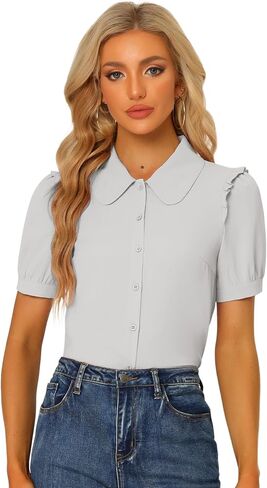 Allegra K Work Collared Top for Women's Peter Pan Collar Short Sleeve Button Front Shirt in Saudi Arabia