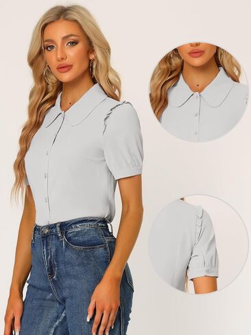 Allegra K Work Collared Top for Women's Peter Pan Collar Short Sleeve Button Front Shirt in Saudi Arabia