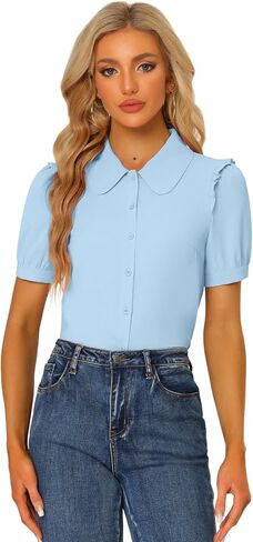 Allegra K Work Collared Top for Women's Peter Pan Collar Short Sleeve Button Front Shirt in Saudi Arabia