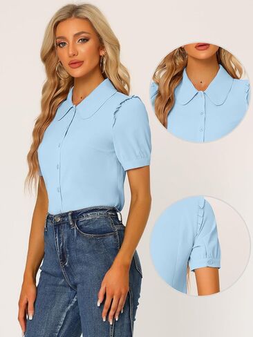 Allegra K Work Collared Top for Women's Peter Pan Collar Short Sleeve Button Front Shirt in Saudi Arabia
