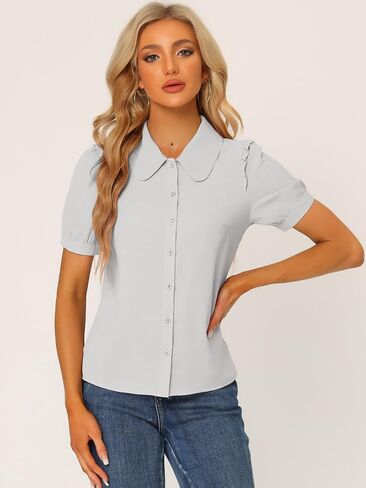 Allegra K Work Collared Top for Women's Peter Pan Collar Short Sleeve Button Front Shirt in Saudi Arabia