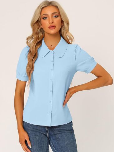 Allegra K Work Collared Top for Women's Peter Pan Collar Short Sleeve Button Front Shirt in Saudi Arabia