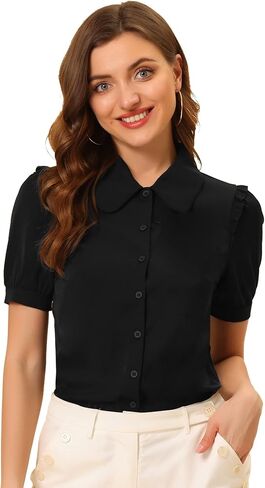 Allegra K Work Collared Top for Women's Peter Pan Collar Short Sleeve Button Front Shirt in Saudi Arabia