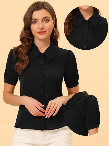 Allegra K Work Collared Top for Women's Peter Pan Collar Short Sleeve Button Front Shirt in Saudi Arabia