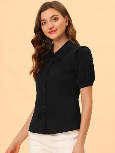 Allegra K Work Collared Top for Women's Peter Pan Collar Short Sleeve Button Front Shirt in Saudi Arabia