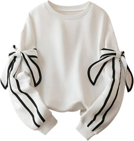 Women's Plus Size Bowknot Sweatshirts Striped Long Sleeve Crewneck Pullover Tops in Saudi Arabia