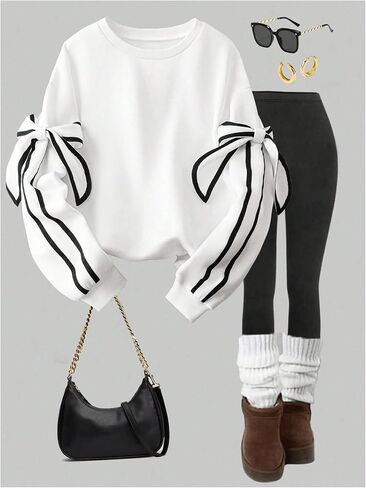 Women's Plus Size Bowknot Sweatshirts Striped Long Sleeve Crewneck Pullover Tops in Saudi Arabia