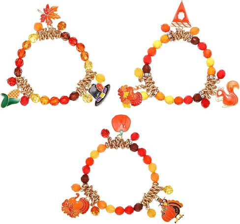 3Pack Thanksgiving Bracelets Beaded Stretch Fall Bracelets Pumpkin Turkey Maple Leaf Charm Bracelets Thanksgiving Autumn Holiday Festive Jewelry Gifts for Women in Saudi Arabia