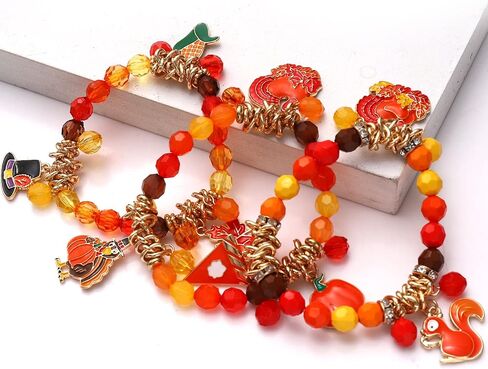 3Pack Thanksgiving Bracelets Beaded Stretch Fall Bracelets Pumpkin Turkey Maple Leaf Charm Bracelets Thanksgiving Autumn Holiday Festive Jewelry Gifts for Women in Saudi Arabia