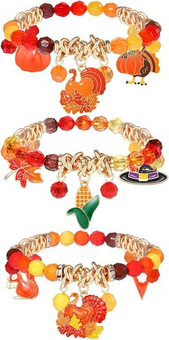 3Pack Thanksgiving Bracelets Beaded Stretch Fall Bracelets Pumpkin Turkey Maple Leaf Charm Bracelets Thanksgiving Autumn Holiday Festive Jewelry Gifts for Women in Saudi Arabia