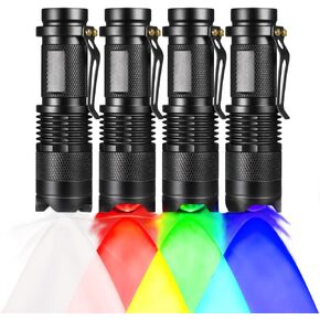 (Pack of 4) 4 Color Light 3-Mode Flashlight: Red Light Flashlight, Green Light Flashlight, Blue Light Flashlight, Cool White Light Flashlight for Night Observation, Hunting, Fishing(4 PCS)