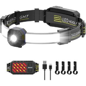 LED Headlamp Rechargeable, 230° Illumination Wide Beam LED Headlamp with Red Taillight, 10 Modes, IPX6 Waterproof, Super Bright Comfortable Head Lamp for Running, Camping, Hiking, Outdoor