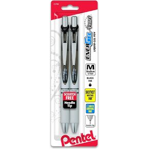 Pentel EnerGel Pearl RTX Retractable Liquid Gel Pen, (0.7mm), Medium Line, Needle Tip, Black Ink, Pack of 2 (BLN77WBP2A)